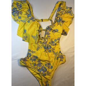 Designer Sam Edelman Floral Ruffle One-Piece Swimsuit Yellow/Blue/Purple M